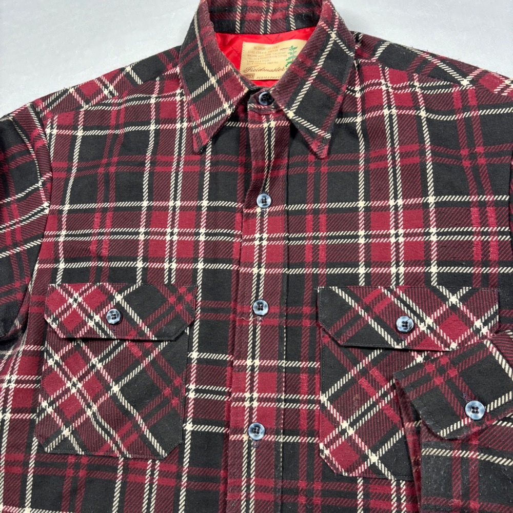 Sears Fieldmaster Flannel Shirt Mens Medium Red Plaid Quilted Lined‎ Vintage 70s